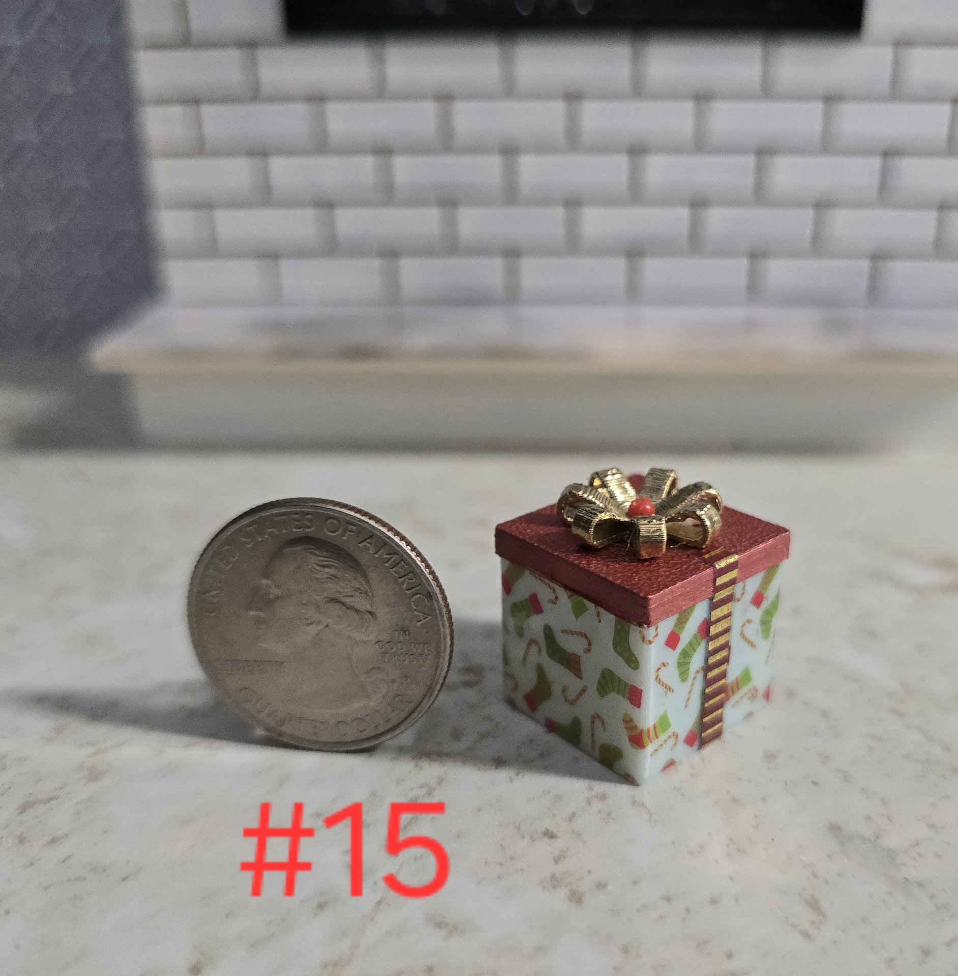 1-inch scale dollhouse miniature light up Christmas gift box Battery lighted gift box for mini holiday scene REF #15 Small square, red lid, stockings