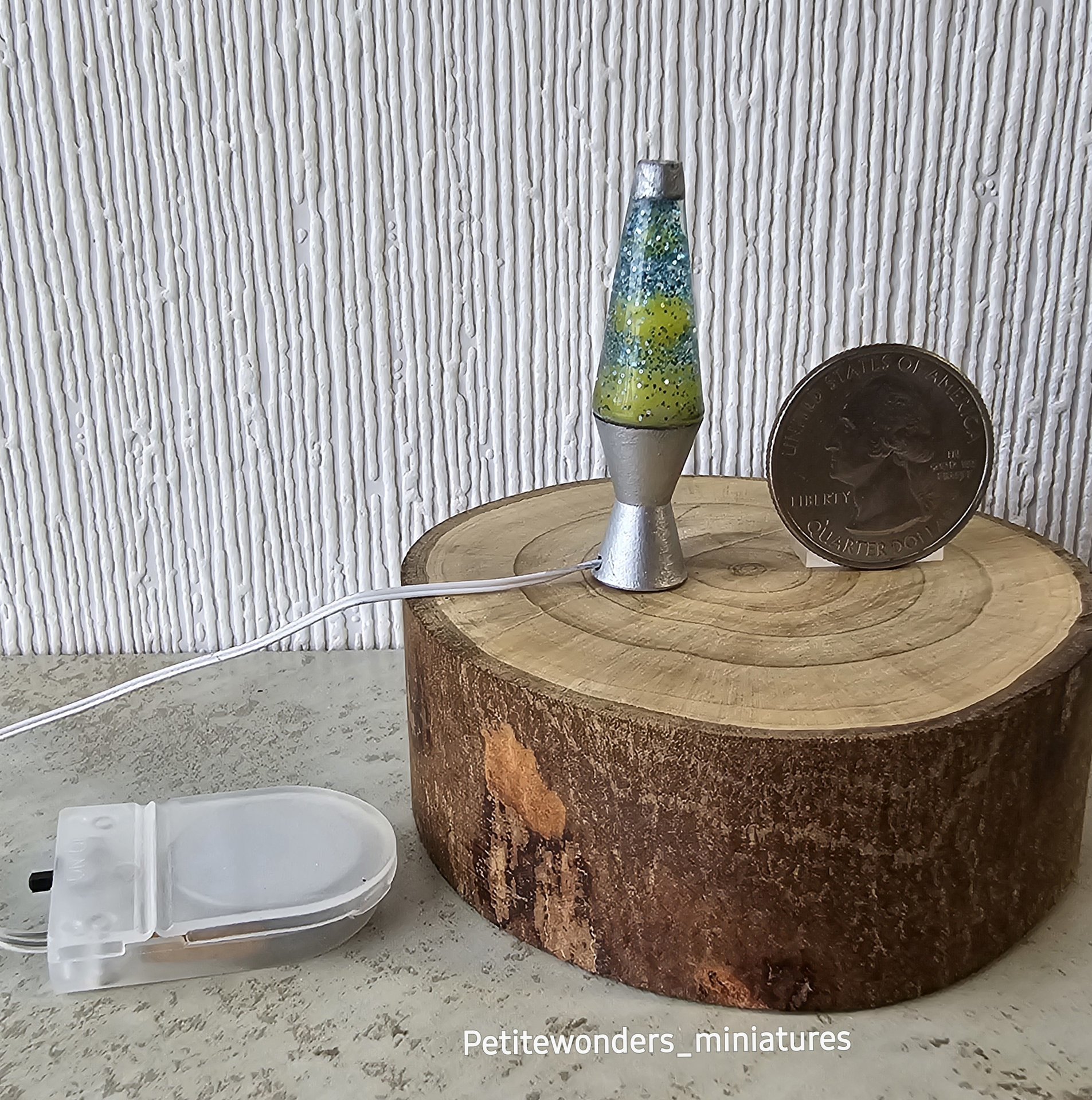 1:12 Dollhouse miniature retro lava lamp Battery operated LED table lamp MCM style with external wires REF Chrome finish base light blue resin 
