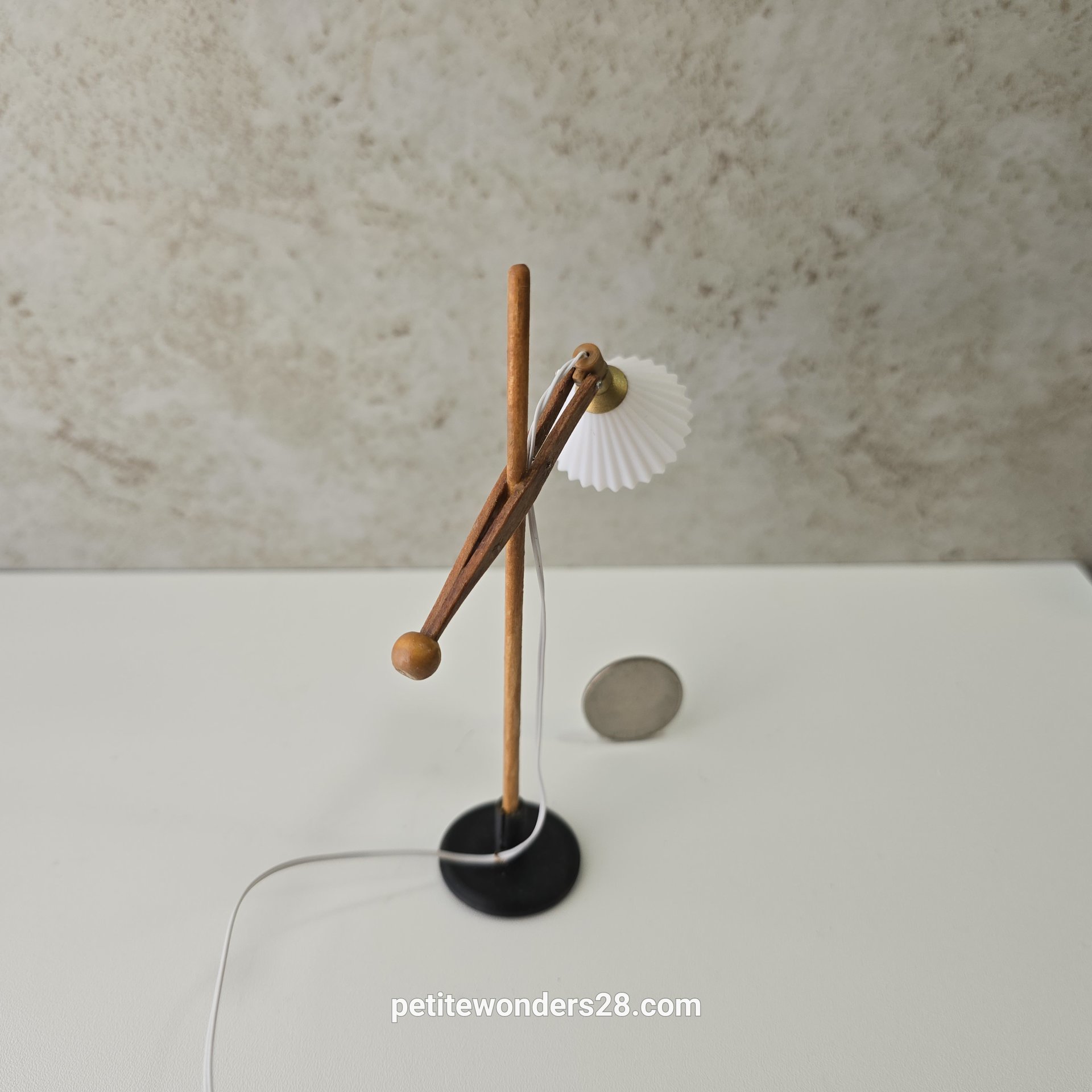 1:12 Dollhouse mid-century style floor lamp Battery operated LED lamp with external wires REF cherry wood lamp post