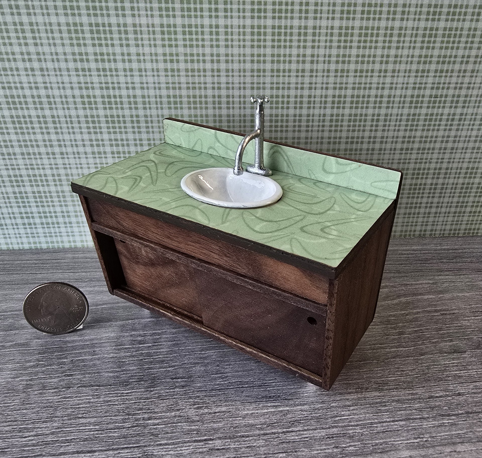 1:12 Dollhouse mid-century style bath single sink vanity cabinet Angled cabinet undermount sink with backsplash and sliding doors REF Walnut + green