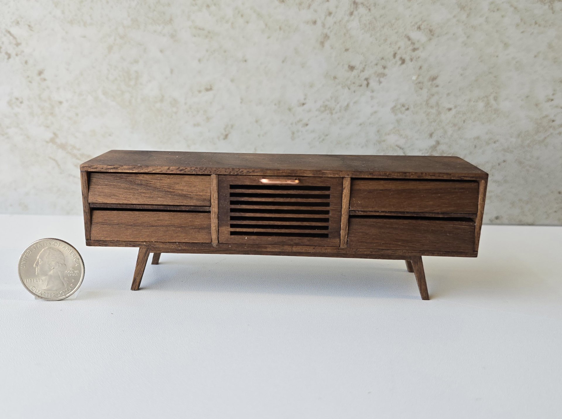 1:12 dollhouse TV canbinet in solid walnut Mid-century modern media console cabinet MCM media cabinet or lowboard cabinet