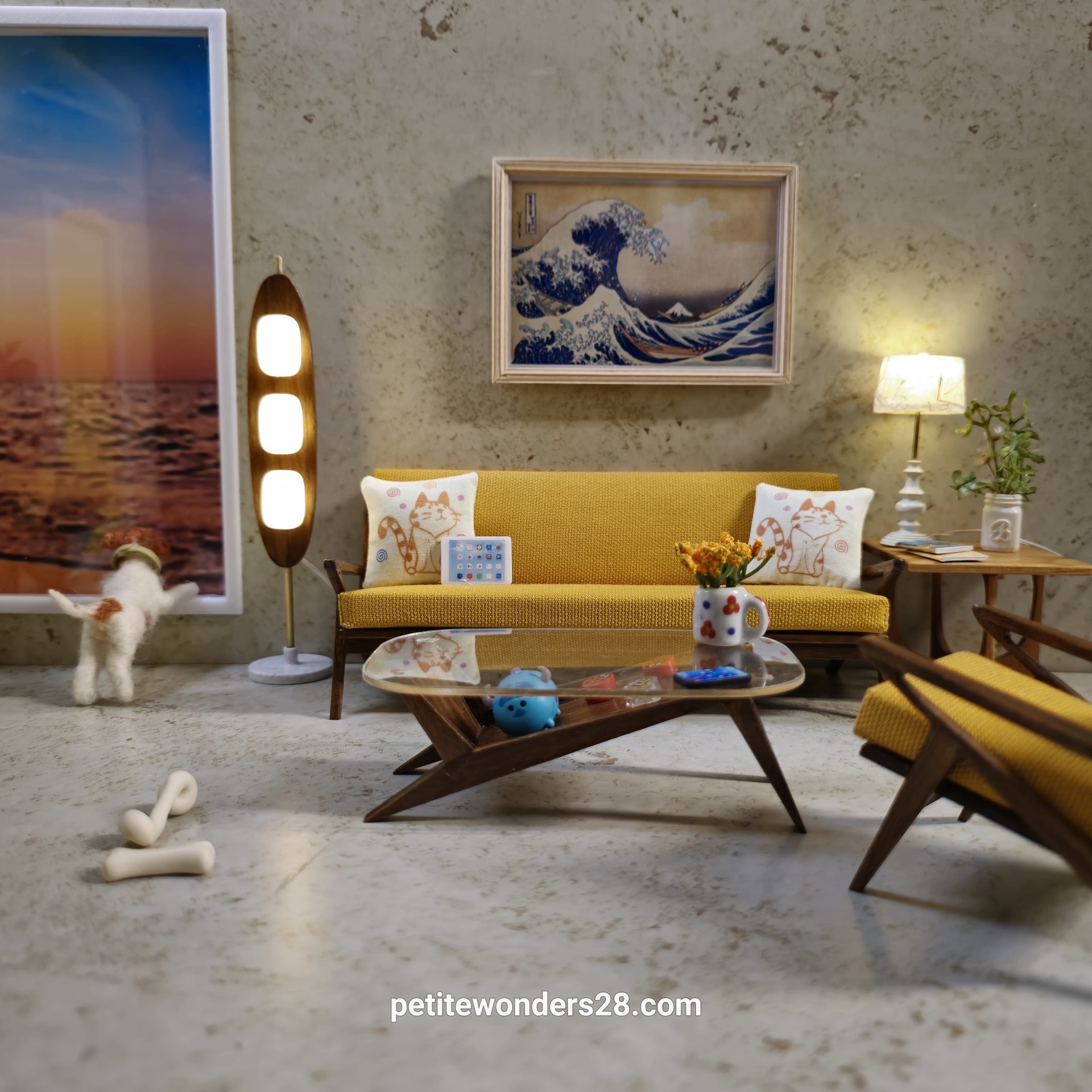 1:12 Dollhouse mid-century modern inspired surfboard shaped floor lamp Battery operated LED lamp with 3 shades and external wires Price is for EACH