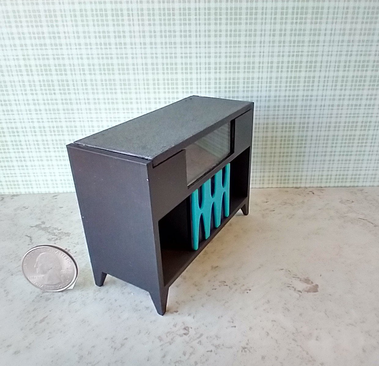 1:12 scale dollhouse mid-century modern record player stand and storage cabinet MCM record console