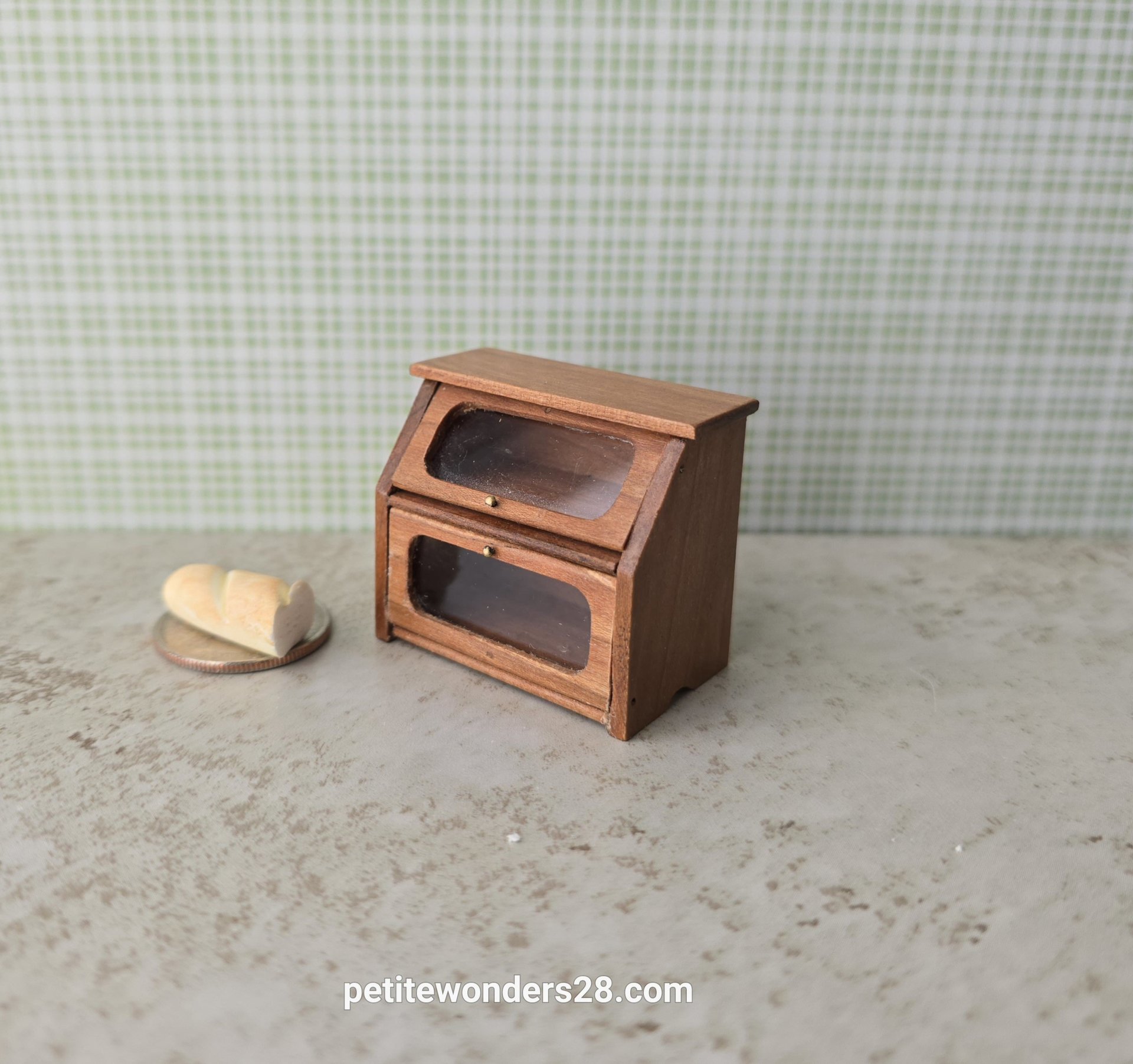 1:12 Dollhouse 2-tier bread box or goodies box with hinged doors and clear windows in solid cherry wood