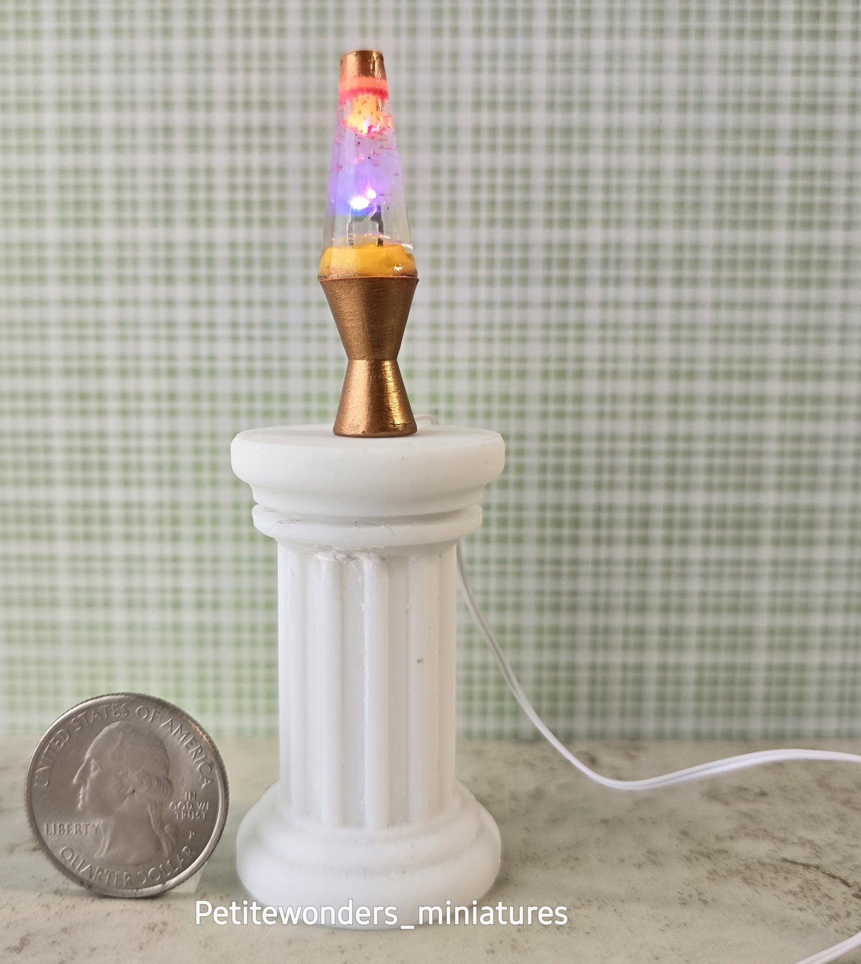 1:12 Dollhouse miniature retro lava lamp Battery operated LED table lamp MCM style with external wires REF Color changing LED copper finish base