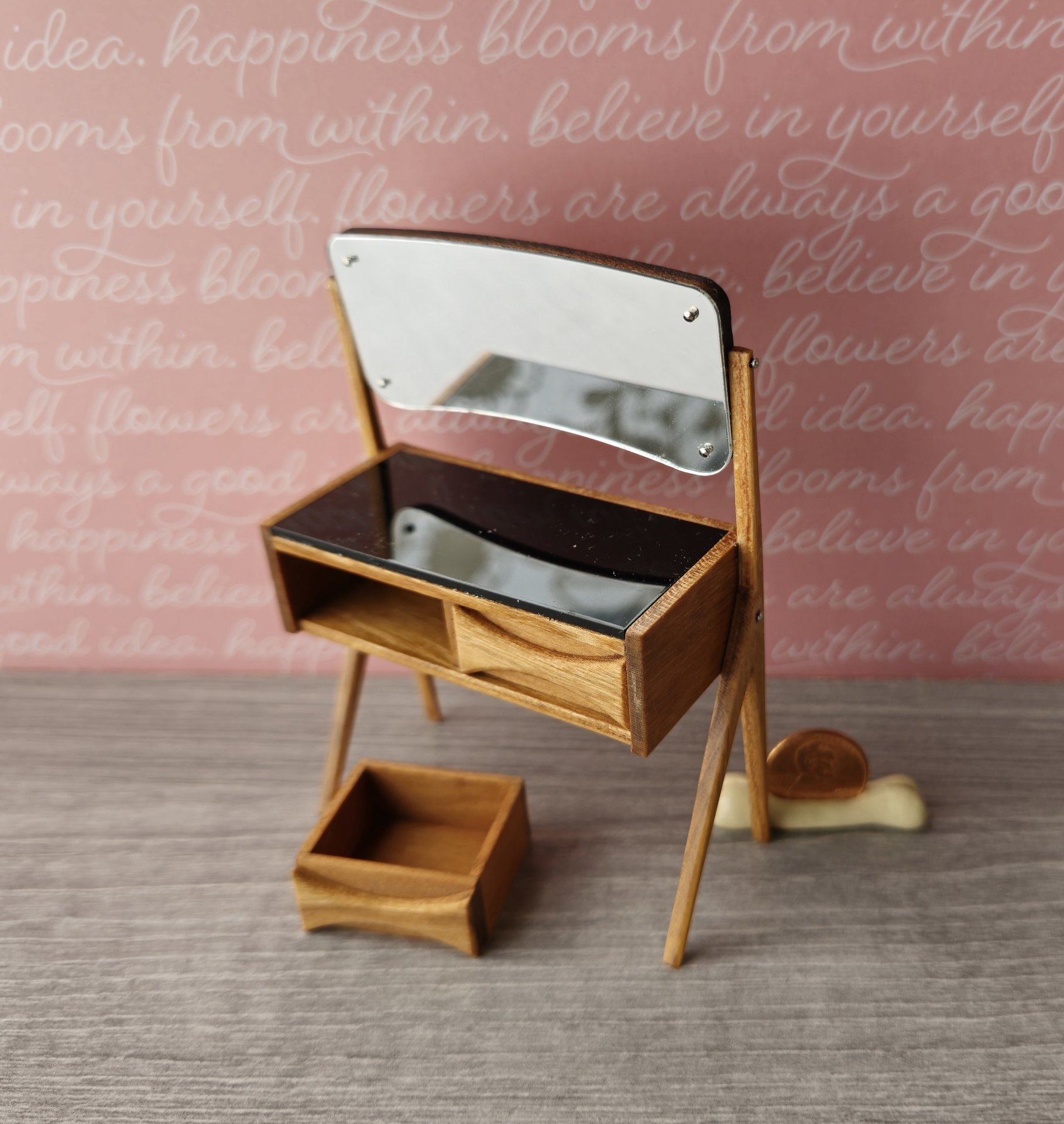1:12 Dollhouse mid-century style vanity or dressing table in solid cherry wood with swing acrylic mirror and working drawers