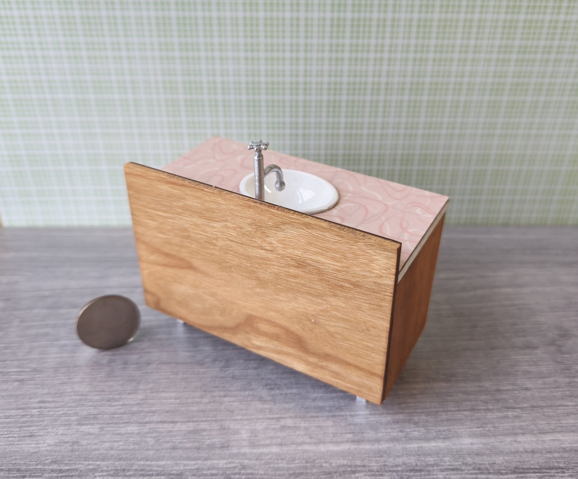 1:12 Dollhouse mid-century style bath single sink vanity cabinet undermount sink with backsplash and sliding doors REF Cherry + pink