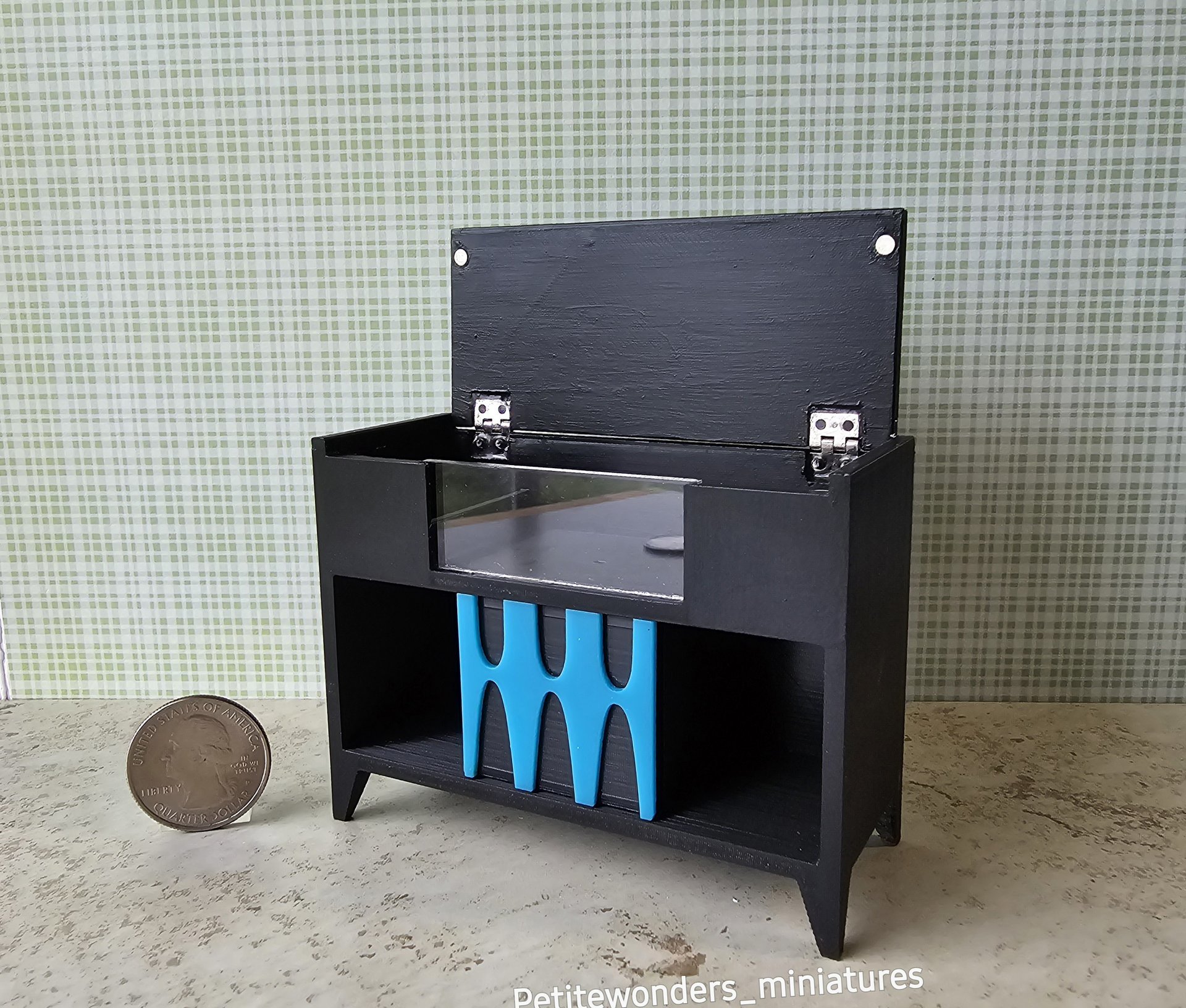 1:12 scale dollhouse mid-century modern record player stand and storage cabinet MCM record console