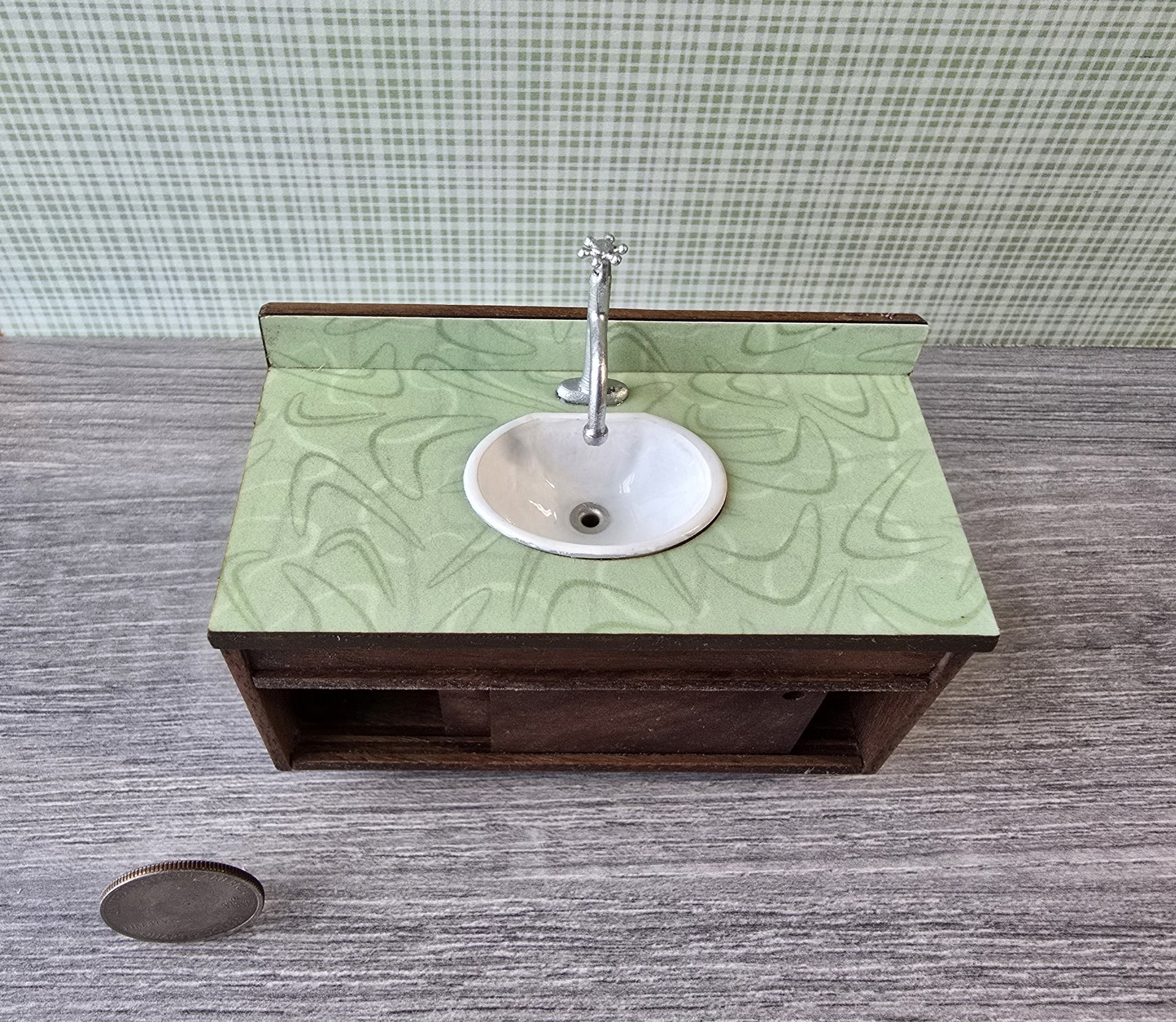 1:12 Dollhouse mid-century style bath single sink vanity cabinet Angled cabinet undermount sink with backsplash and sliding doors REF Walnut + green