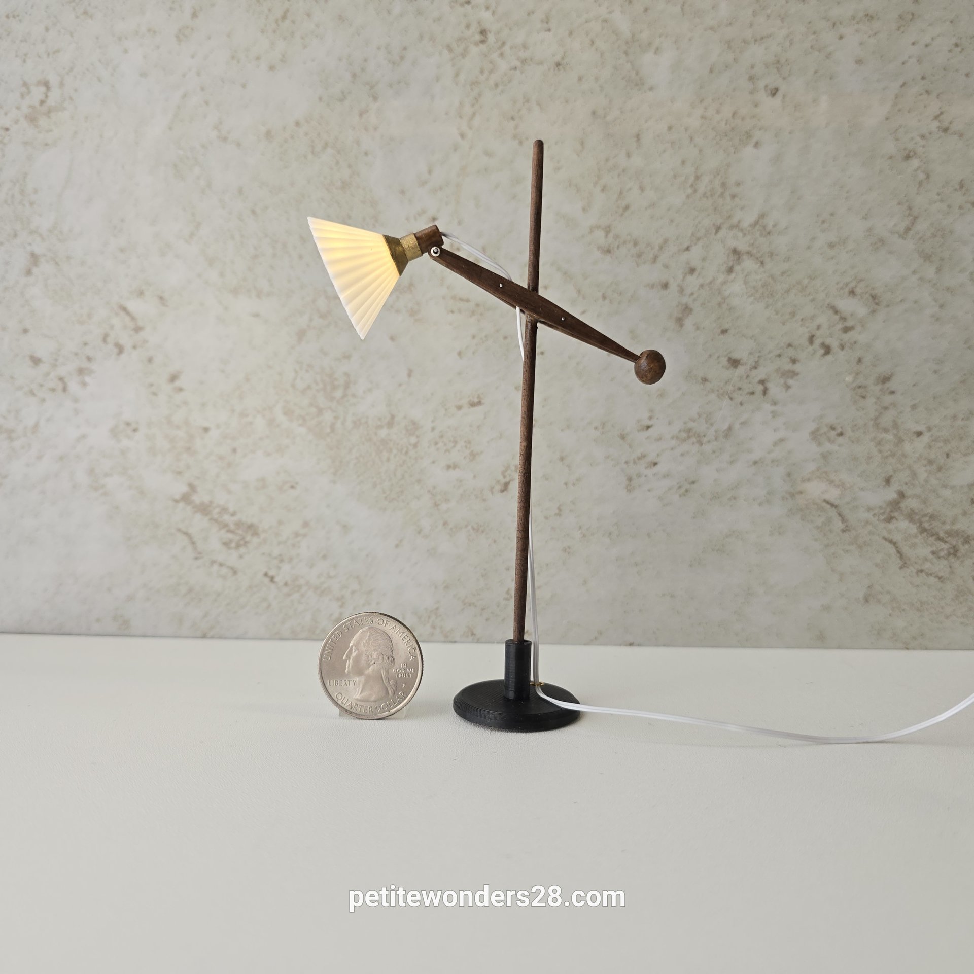 1:12 Dollhouse mid-century style floor lamp Battery operated LED lamp with external wires REF walnut wood lamp post