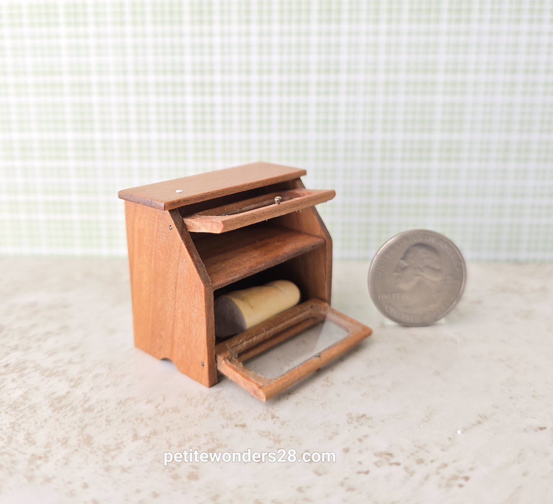 1:12 Dollhouse 2-tier bread box or goodies box with hinged doors and clear windows in solid cherry wood