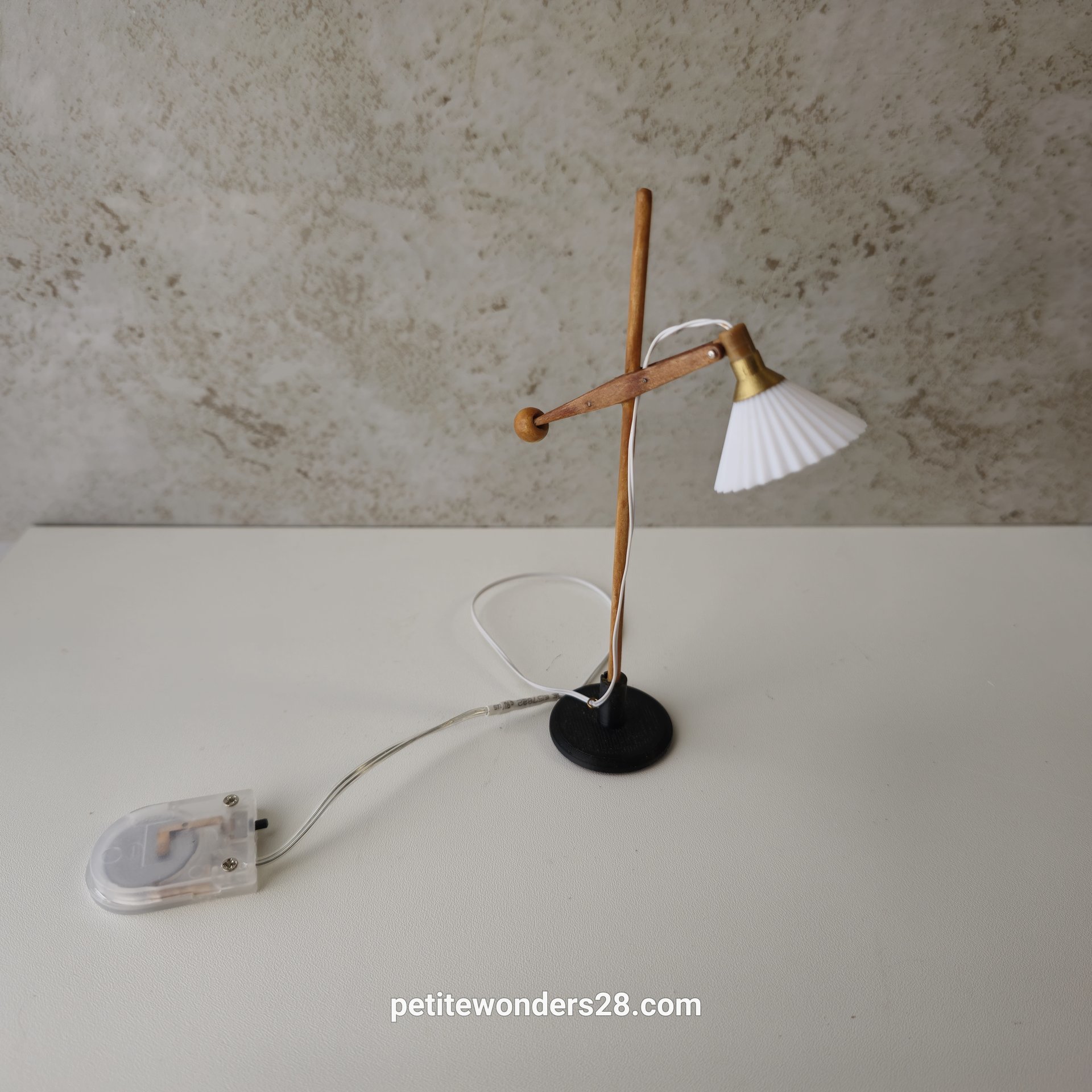1:12 Dollhouse mid-century style floor lamp Battery operated LED lamp with external wires REF cherry wood lamp post
