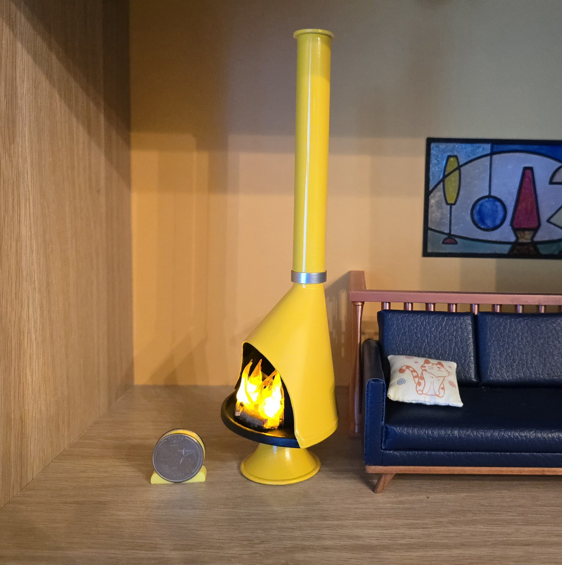 1:12 Dollhouse miniature Mid century modern free standing fireplace MCM yellow fireplace inspired by Malm fireplace Retro fireplace REF Yellow