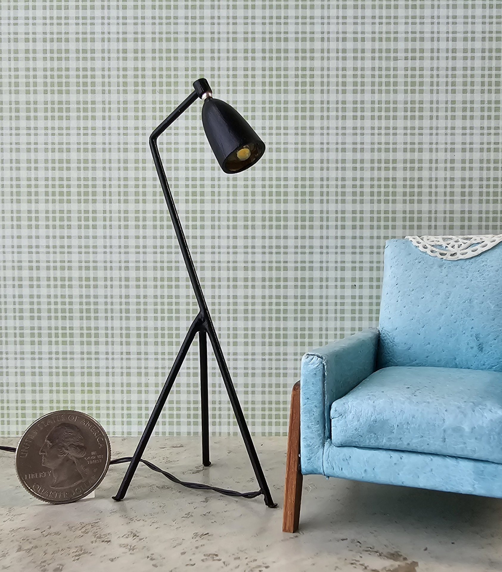 1:12 Dollhouse mid-century style tripod floor lamp Battery operated LED lamp with external wires REF Black grasshopper