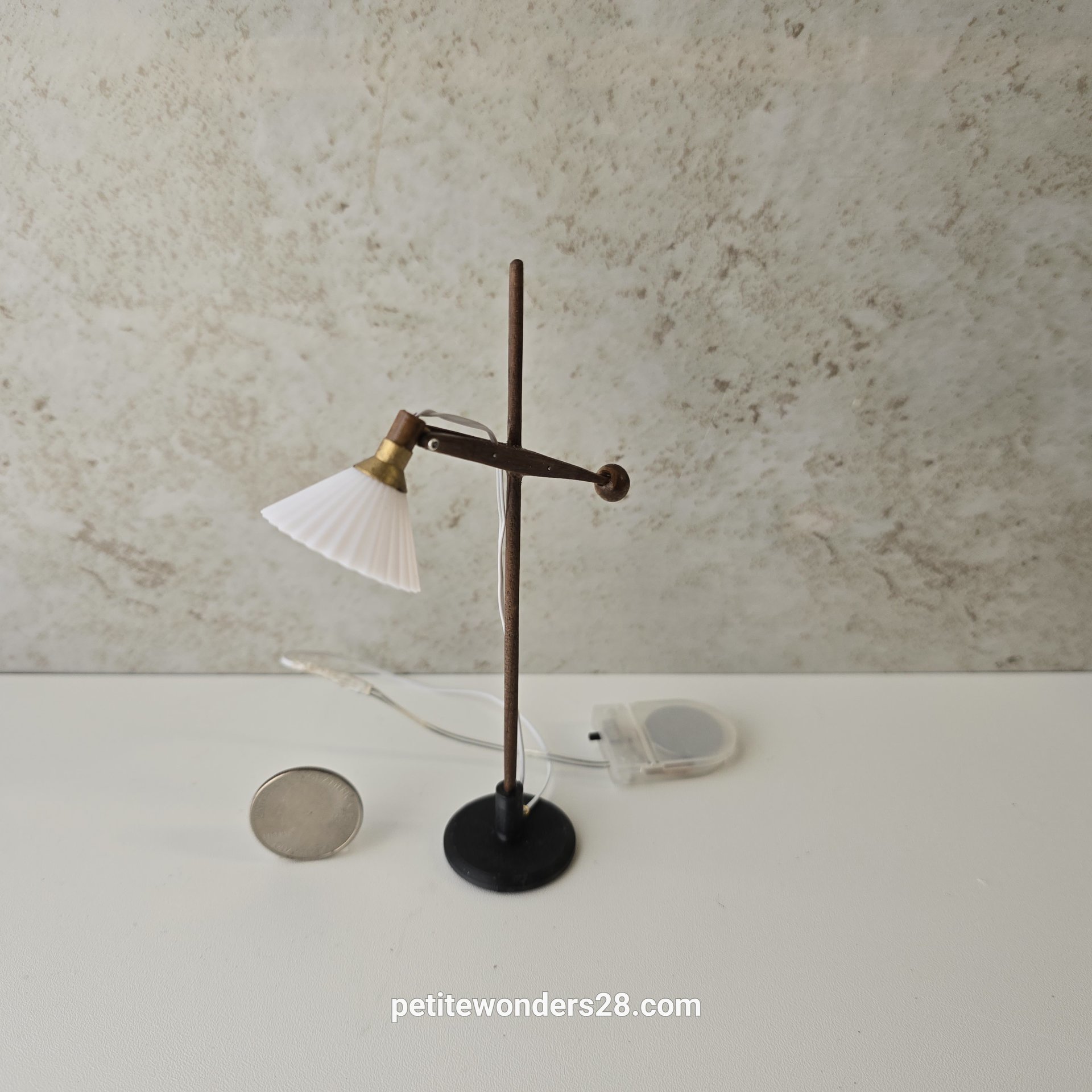 1:12 Dollhouse mid-century style floor lamp Battery operated LED lamp with external wires REF walnut wood lamp post