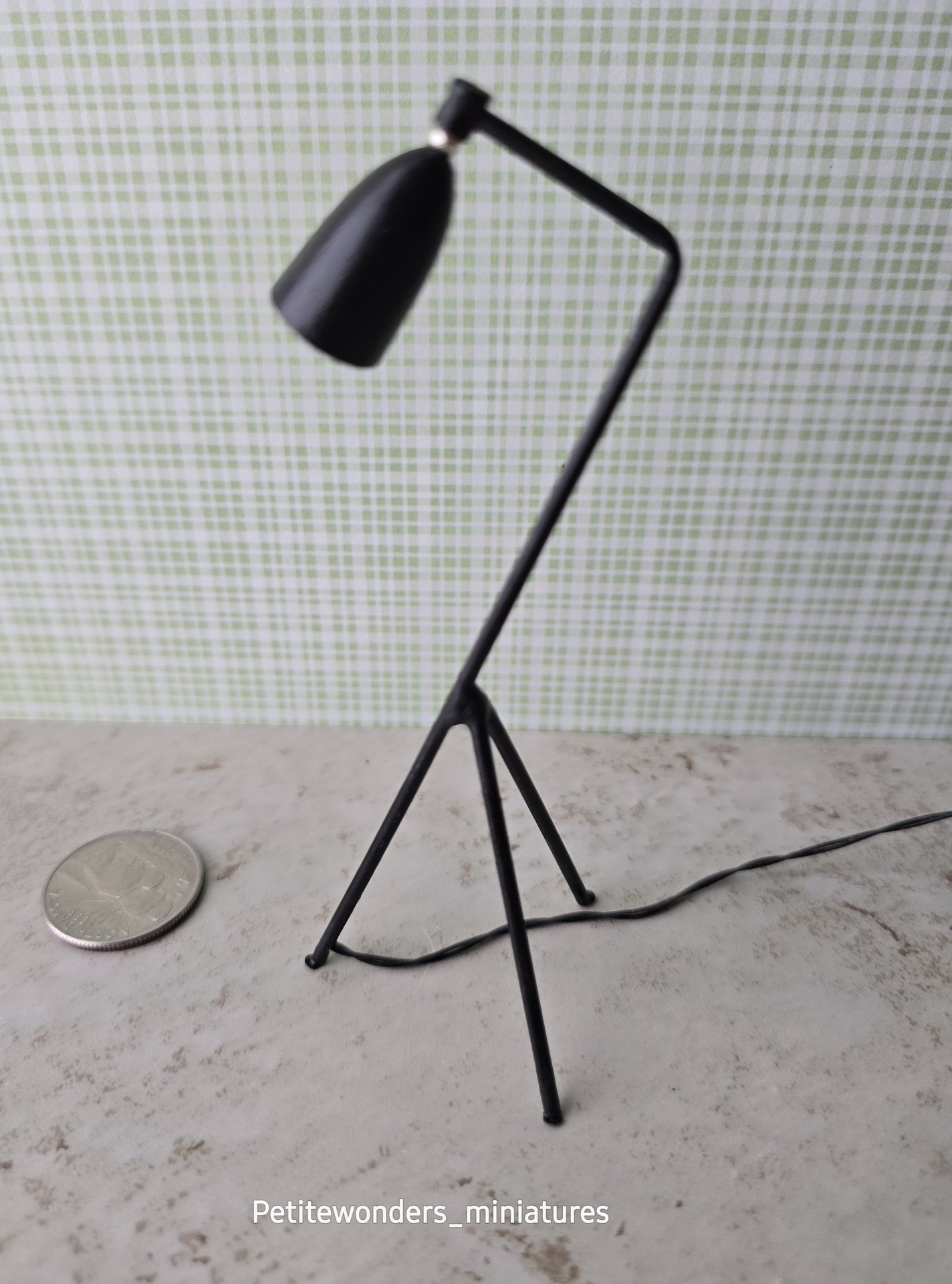 1:12 Dollhouse mid-century style tripod floor lamp Battery operated LED lamp with external wires REF Black grasshopper
