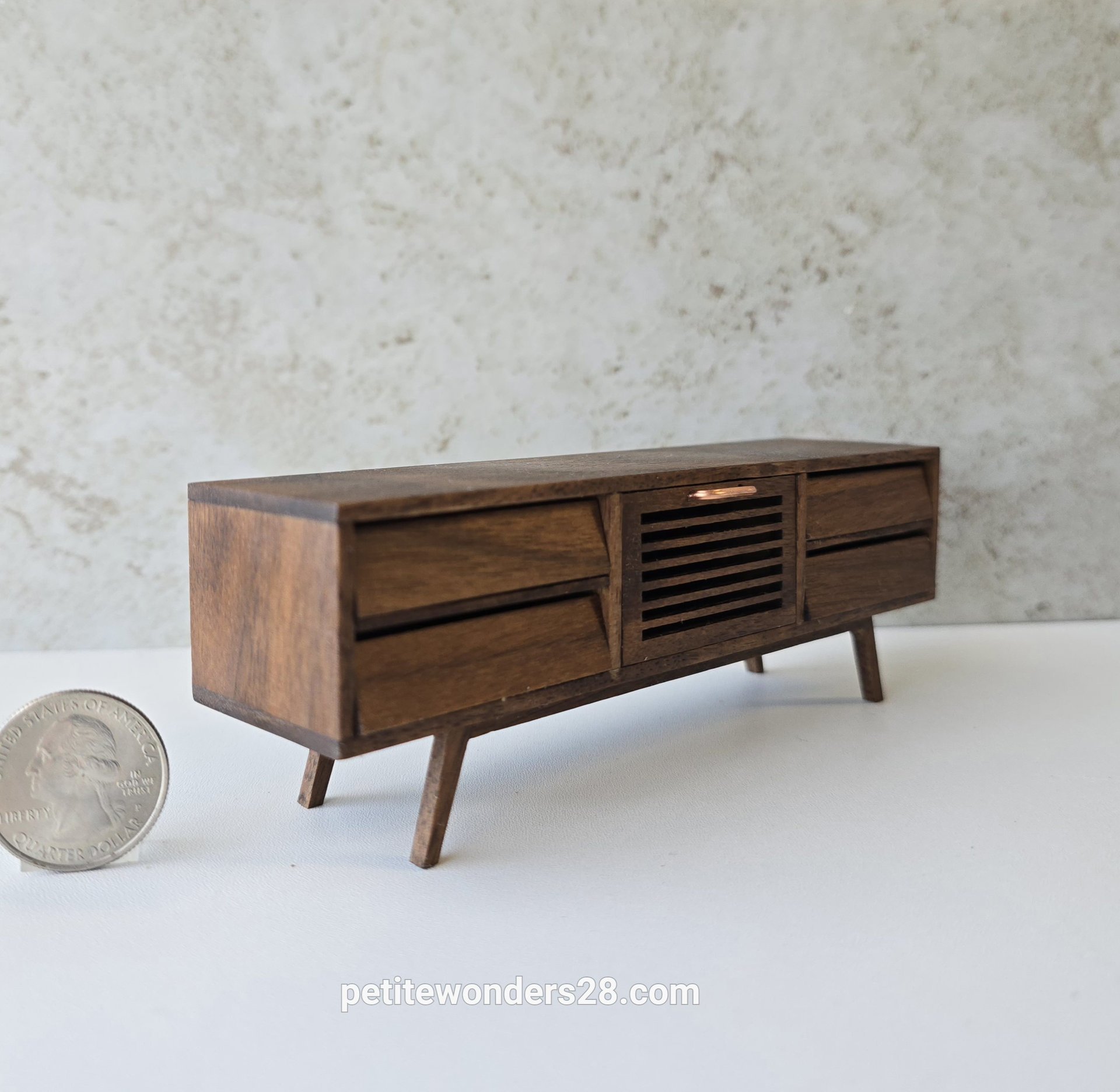 1:12 dollhouse TV canbinet in solid walnut Mid-century modern media console cabinet MCM media cabinet or lowboard cabinet