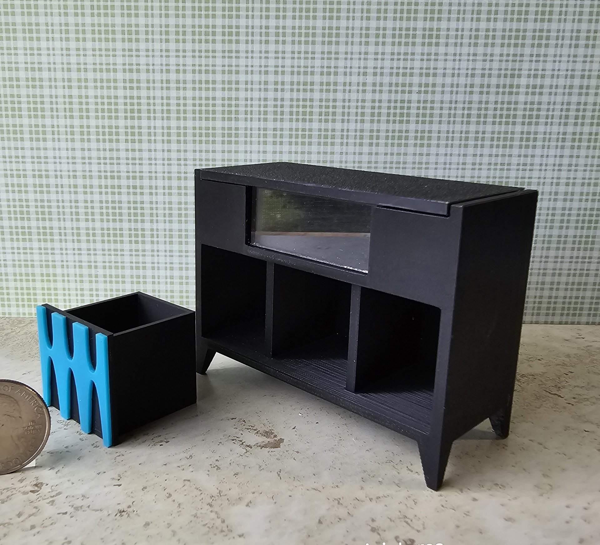 1:12 scale dollhouse mid-century modern record player stand and storage cabinet MCM record console