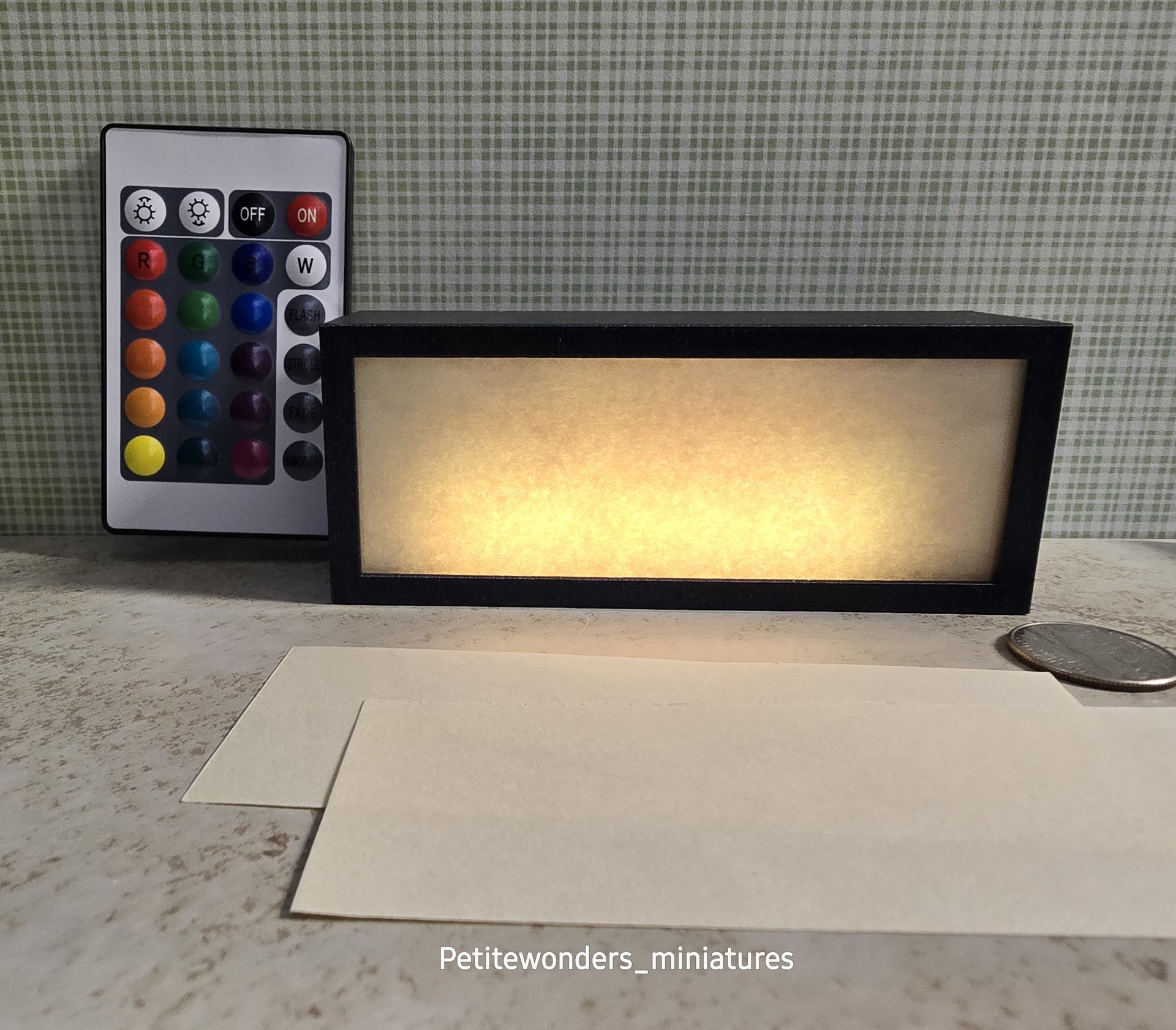 Dollhouse miniature light box or store sign with color changing back lit LEDs Battery operated with 2 AAA batteries or USB power