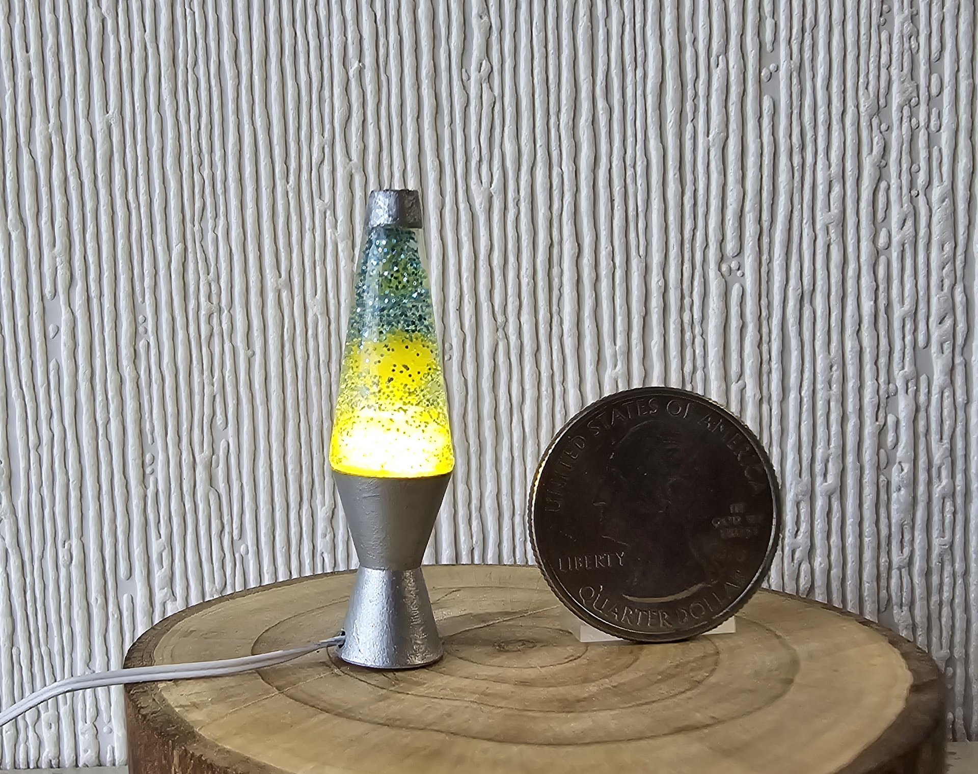 1:12 Dollhouse miniature retro lava lamp Battery operated LED table lamp MCM style with external wires REF Chrome finish base light blue resin 