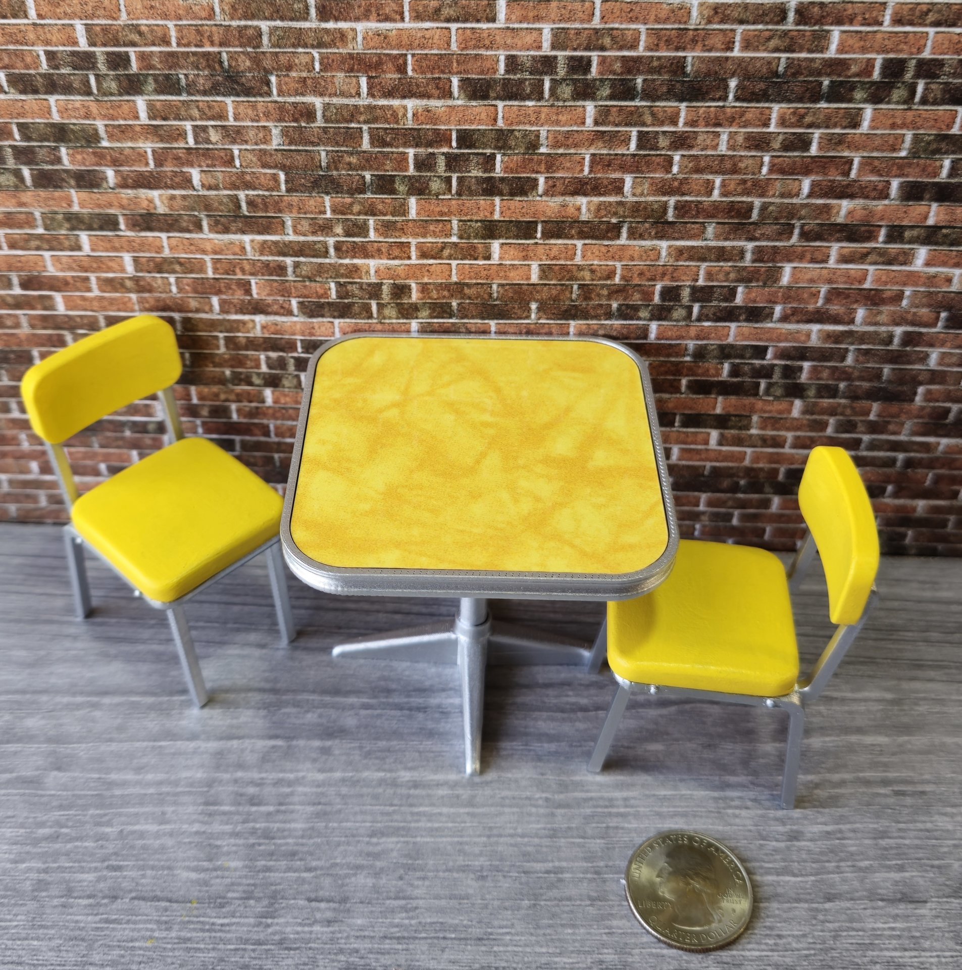 1:12 Dollhouse mid-century style dinette table set with two orange chairs REF Yellow laminate top