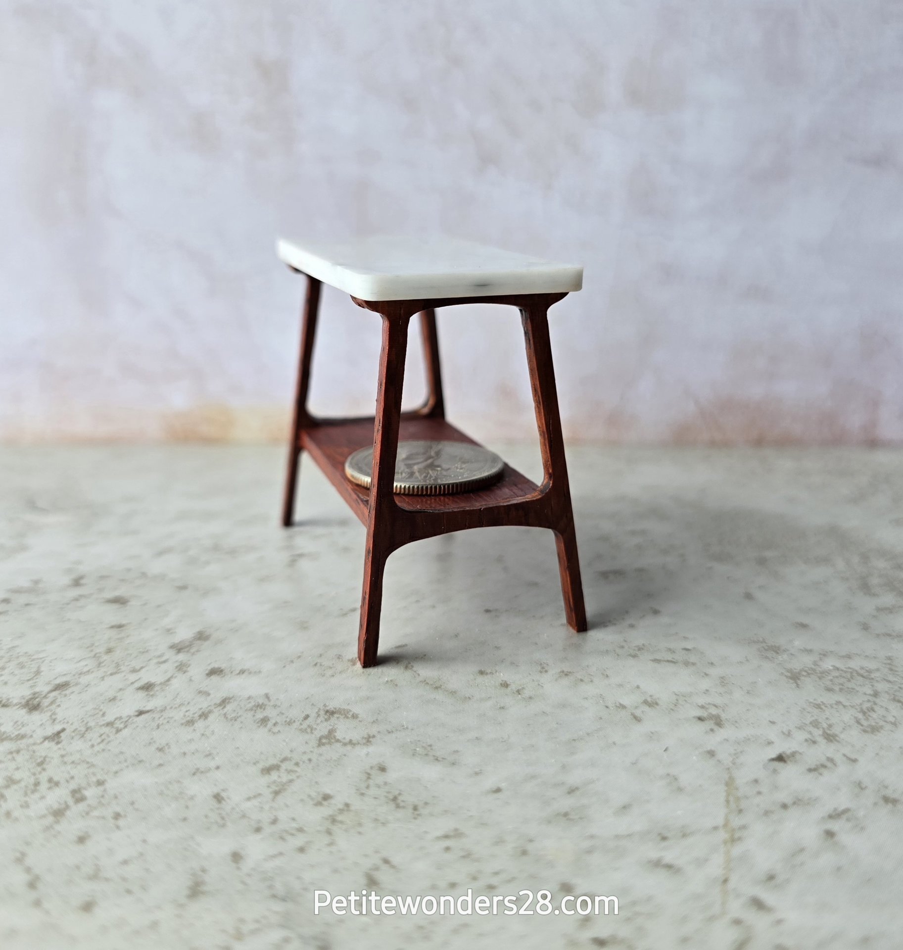 1:12 scale dollhouse mid-century style side table in solid padauk wood MCM end table with faux marble top