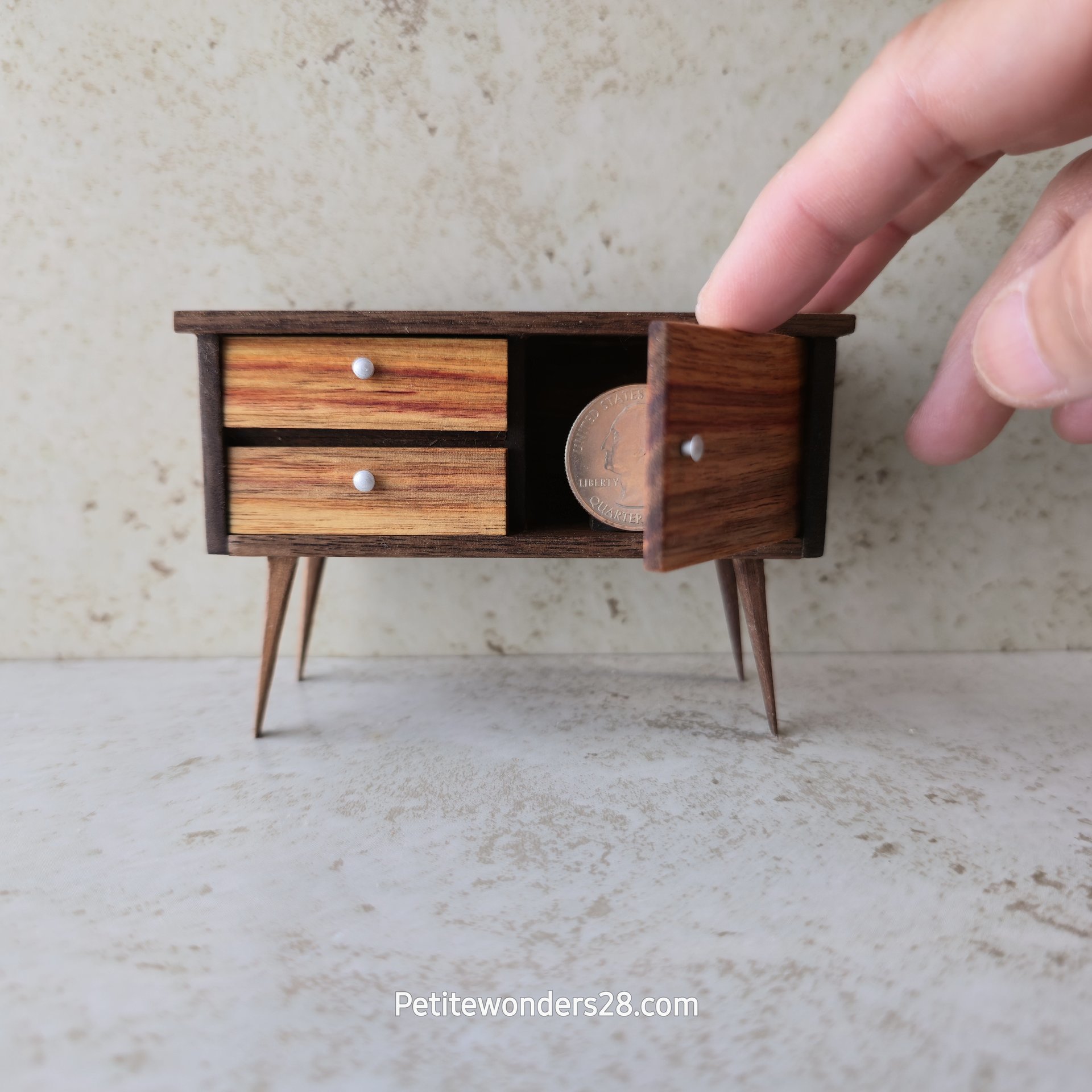 1:12 scale dollhouse mid-century style sideboard in solid walnut and canary wood MCM credenza