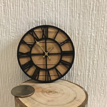 1:12 Dollhouse farmhouse wall clock with roman numerals Faux wrought iron and hickory wall clock Decorative non-working dollhouse clock