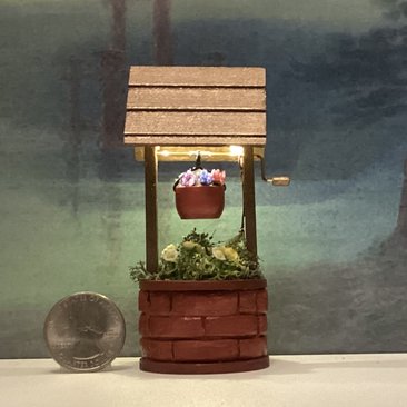 1:12 Dollhouse miniature battery operated lighted red brick wishing well planter with flowers