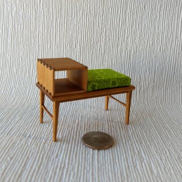 1:12 Dollhouse mid-century style telephone bench Gossip bench in cherry wood with open shelf MCM telephone table