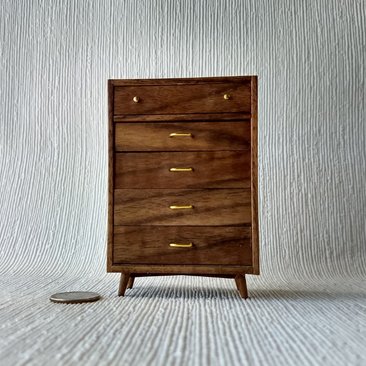 1:12 Dollhouse tall dresser in walnut Chest of 5 drawers mid-century modern MCM walnut dresser
