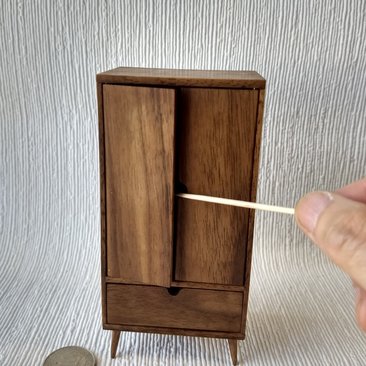 1:12 Dollhouse mid-century style wardrobe in walnut MCM armoire comes with 3 clothes hangers