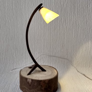 1:12 Dollhouse mid-century style walnut sculptural floor lamp Battery operated bow lamp with tripod legs and external wires