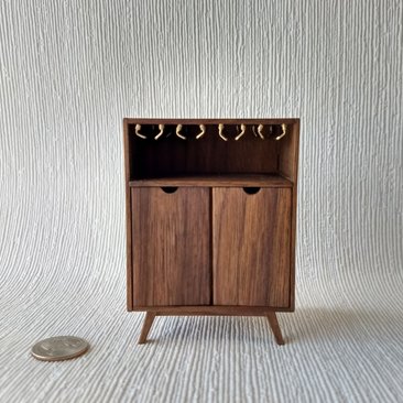 1:12 Dollhouse mid-century style bar cabinet in solid walnut with splayed legs and four wine glasses