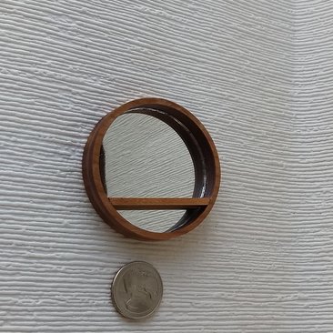 1:12 Dollhouse accent mirror Rustic round mirror with cherry wood frame and shelf