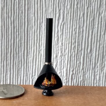 1:48 1/4 inch scale dollhouse mid-century styled cone fireplace in black with logs and faux flames Quarter scale As home decor in 1:12 scale