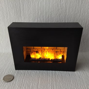 RESERVED 1:12 Dollhouse modern fireplace Free standing black fireplace battery operated with flickering insert that is removable comes with two AAA batteries