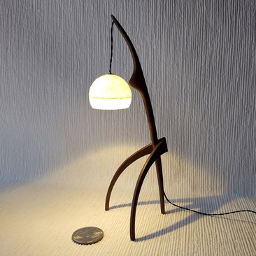 1:12 dollhouse miniature mid-century style floor lamp with sculptural tripod legs in solid walnut Battery operated miniature LED lamp