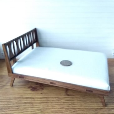 1:12 dollhouse mid-century modern platform bed with fitted mattress Walnut headboard and frame with MDF slat platform