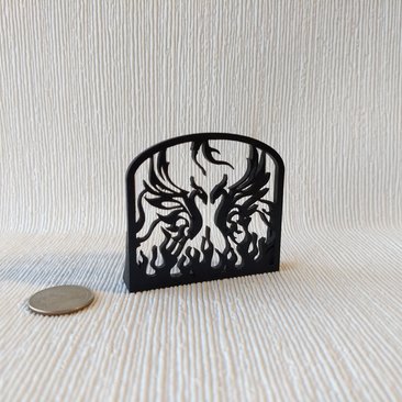 1:12 Dollhouse black fireplace screen with rising phoenixes Faux wrought iron single panel fireplace screen Black finish