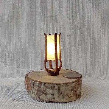 1:12 dollhouse miniature mid-century styled table lamp with sculptural frame made from solid cherry wood Battery operated LED light