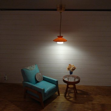 1:12 dollhouse pendant light in Danish mid century style Orange pendant light with translucent inner white shade to diffuse light