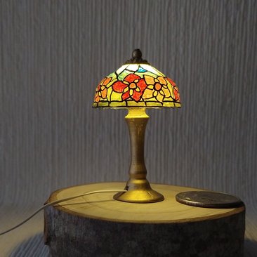 1:12 dollhouse handcrafted faux stained glass table lamp Battery operated miniature LED lamp Tiffany style lamp with external wires