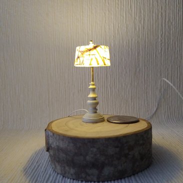 1:12 Dollhouse table lamp with translucent shade covered with handmade paper Battery operated minaiture LED console lamp with external wires