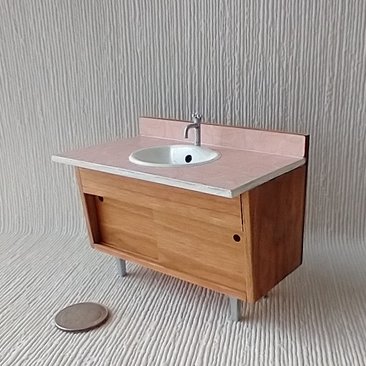 1:12 Dollhouse mid-century styled bath single sink vanity cabinet Angled cabinet with undermount sink with backsplash and sliding doors