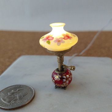 1:12 scale miniature hurricane lamp white shade red glass base with cherry blossoms (sakura in Japanese) Battery operated vintage style table lamp on external wires