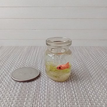 1:12 dollhouse miniature glass fish bowl with one solitary goldfish - light green plant