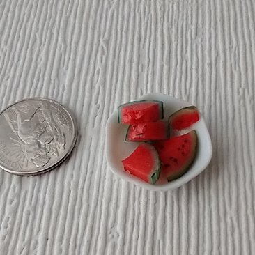 1:12 Dollhouse miniature handmade watermelon slices on polygonal white ceramic plate