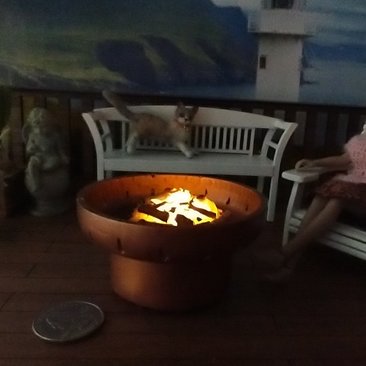 1:12 Dollhouse miniature fire pit Battery operated firepit in copper tone with flickering embers and wood sticks Dual function firepit/ patio coffee table