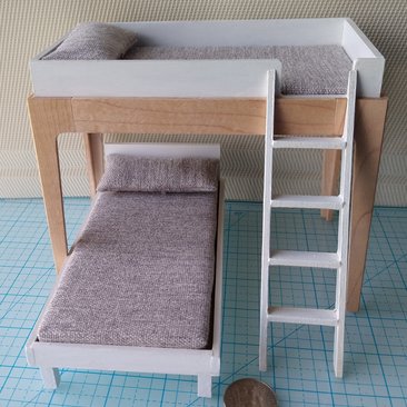 RESERVED 1:12 Dollhouse modern bunk bed with hard maple frame and legs removable lower bed, ladder, plus two fitted mattresses and two pillows